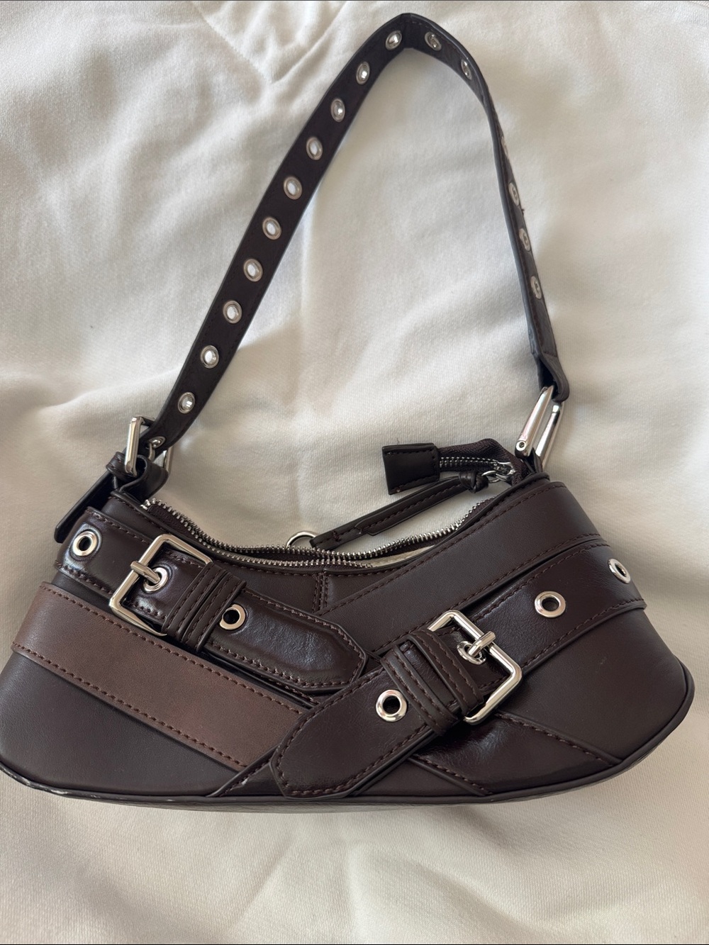Urban Outfitters Dark Brown Mini Shoulder Bag with Buckle & Grommet Details